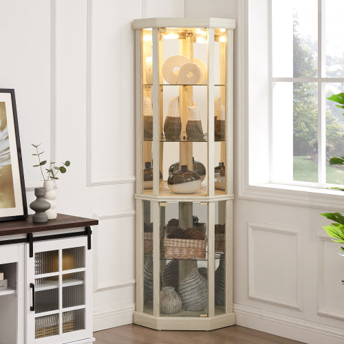 Corner Lighted Curio Cabinet Corner Glass Cabinet Lighted Curio Cabinet Corner Display Case For Living Room, Curio Cabinet, Antique Collection, Wine,Bar Glass Storage Light Included,Dark Cherry