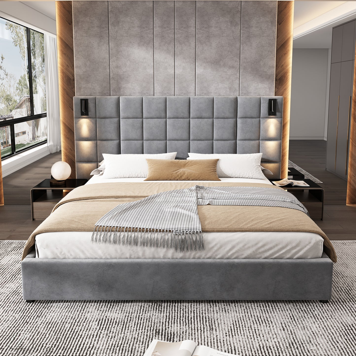 King Size Upholstered Bed Frame,With Wall Sconce And USB Port, Wide Headboard, Velvet, Gray