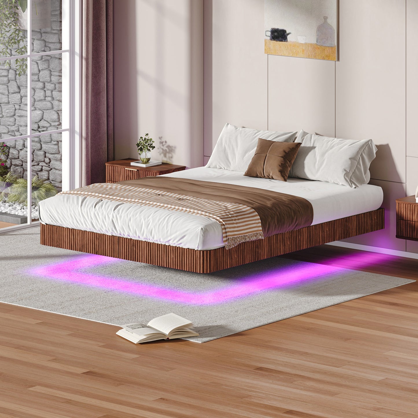 Walnut Queen Floating Bed Frame With LED Lights, Wave Curve Wood Texture Bed With Heavy Duty Metal Slats - No Box Spring Needed.