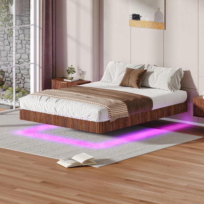 Walnut Queen Floating Bed Frame With LED Lights, Wave Curve Wood Texture Bed With Heavy Duty Metal Slats - No Box Spring Needed.
