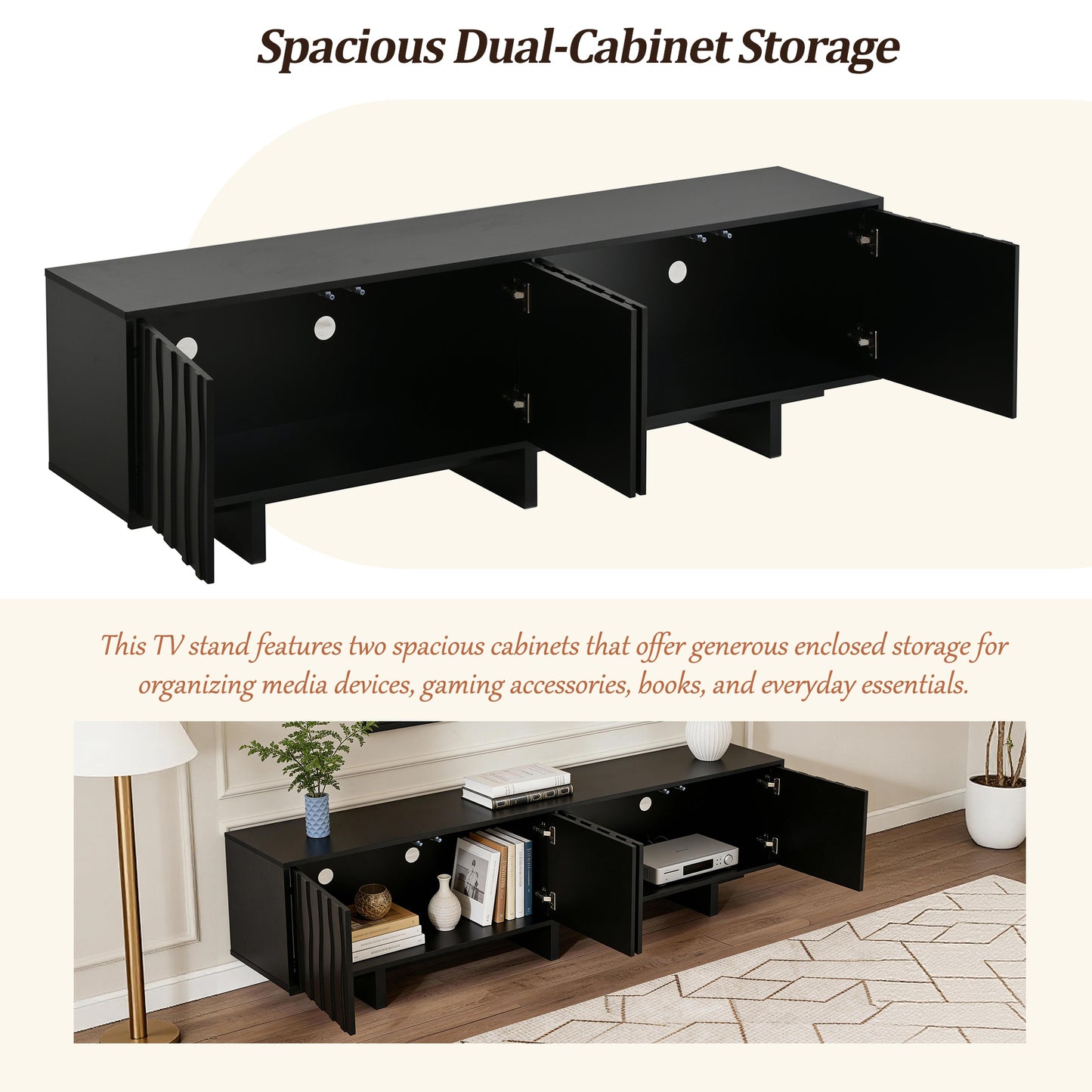 Retro Style Wood Grain TV Stand With Wavy Door Design For TVs Up To 75, Rustic Media Console With Ample Storage Space, Sturdy Base TV Cabinet With Cable Management For Living Room, Bedroom, Black