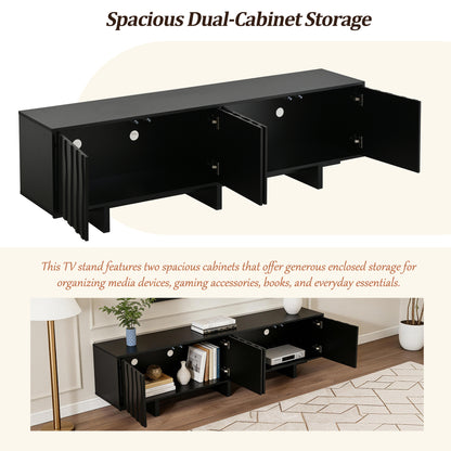 Retro Style Wood Grain TV Stand With Wavy Door Design For TVs Up To 75, Rustic Media Console With Ample Storage Space, Sturdy Base TV Cabinet With Cable Management For Living Room, Bedroom, Black