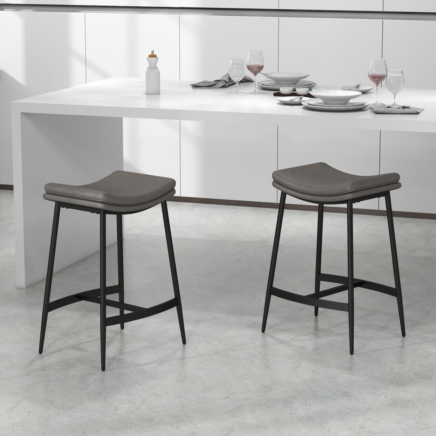 Breakfast Bar Stools Set Of 2, Microfibre Upholstered Barstools, Industrial Bar Chairs With Curved Seat And Steel Frame For Dining Room, Kitchen, Grey