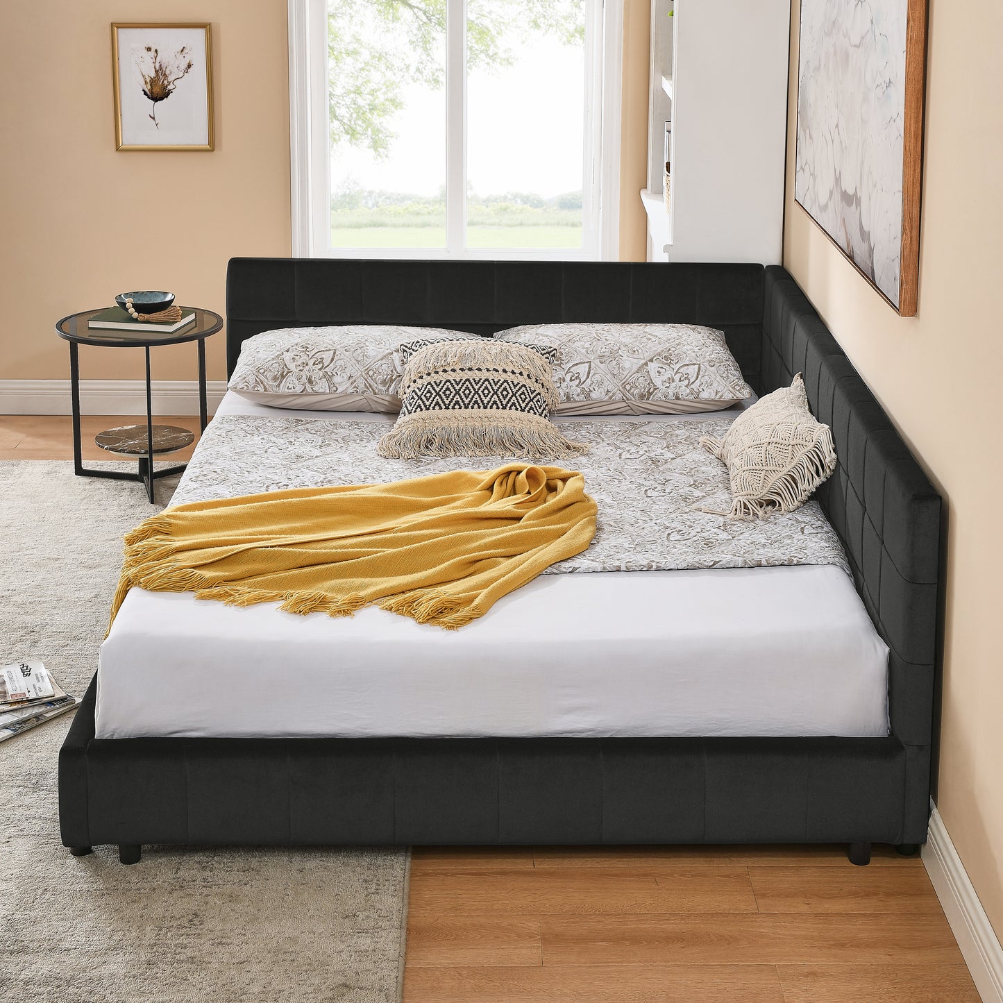 Queen Size Upholstered Tufted Bed Frame, Sofa Bed Frame With Comfortable Backrest And Armrests, Queen Size Bed For Bedroom, Living Room,Velvet, BLACK 85.5x64.5x30.5