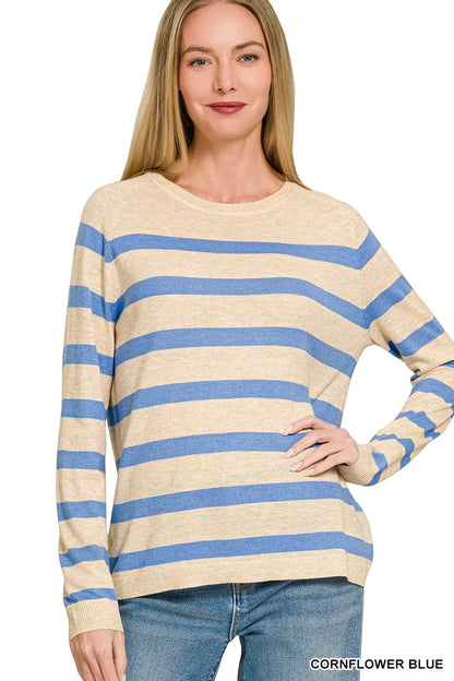 Zenana Lightweight Wool Blend Striped Round Neck Sweater