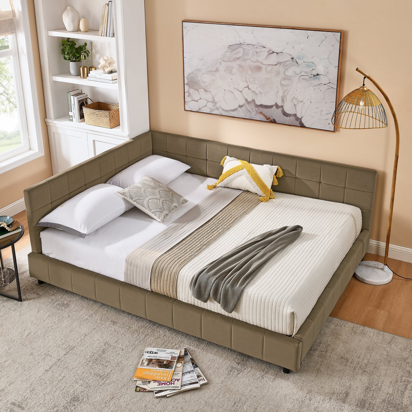 Queen Size Upholstered Tufted Bed Frame, Sofa Bed Frame With Comfortable Backrest And Armrests, Queen Size Bed For Bedroom, Living Room,Velvet, Brown 85.5x64.5x30.5