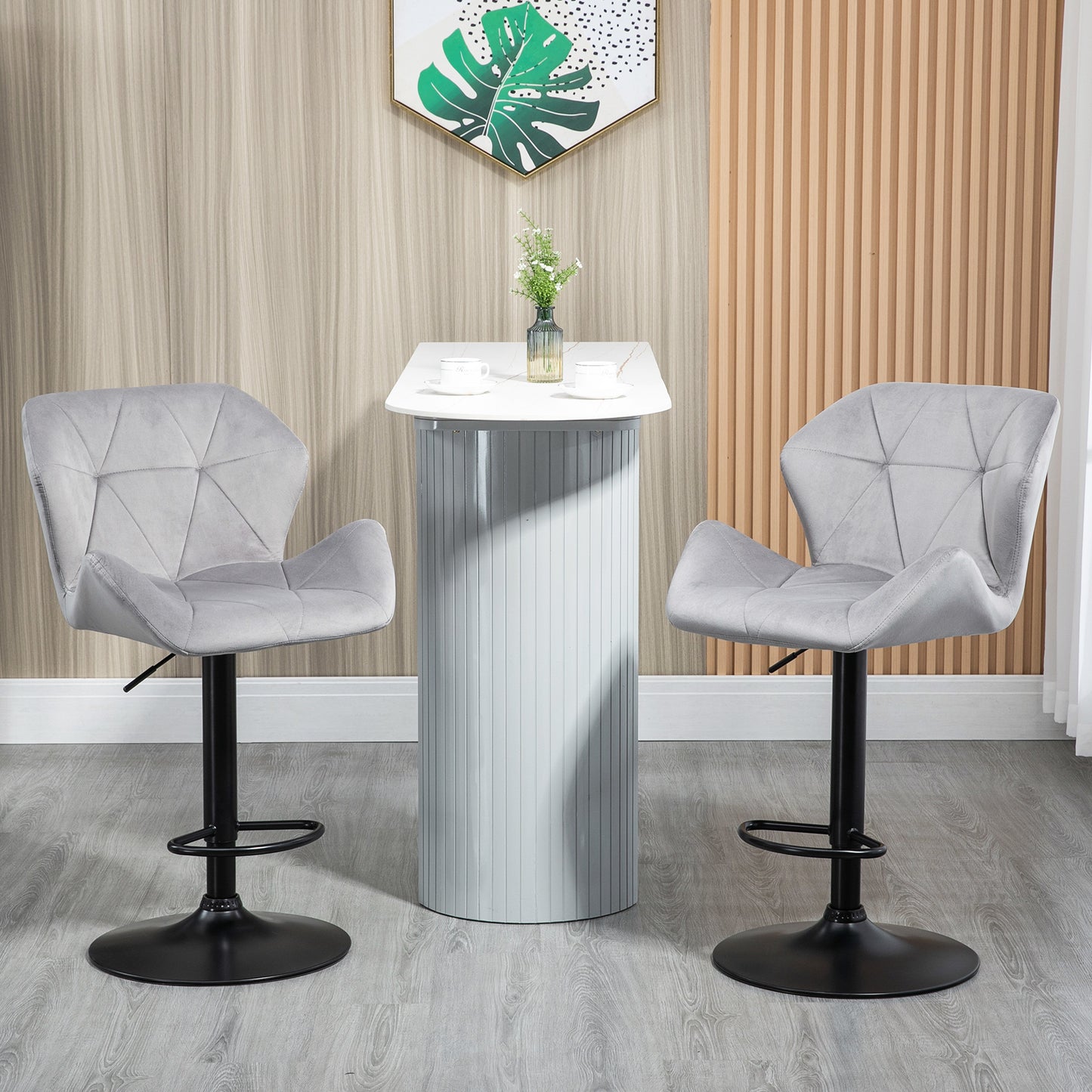 Bar Stools Set Of 2, Luxurious Velvet-Touch Barstools With Metal Frame Footrest Round Base Triangle Indenting Moulded Seat Adjustable Height Swivel Grey