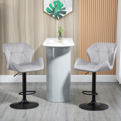 Bar Stools Set Of 2, Luxurious Velvet-Touch Barstools With Metal Frame Footrest Round Base Triangle Indenting Moulded Seat Adjustable Height Swivel Grey