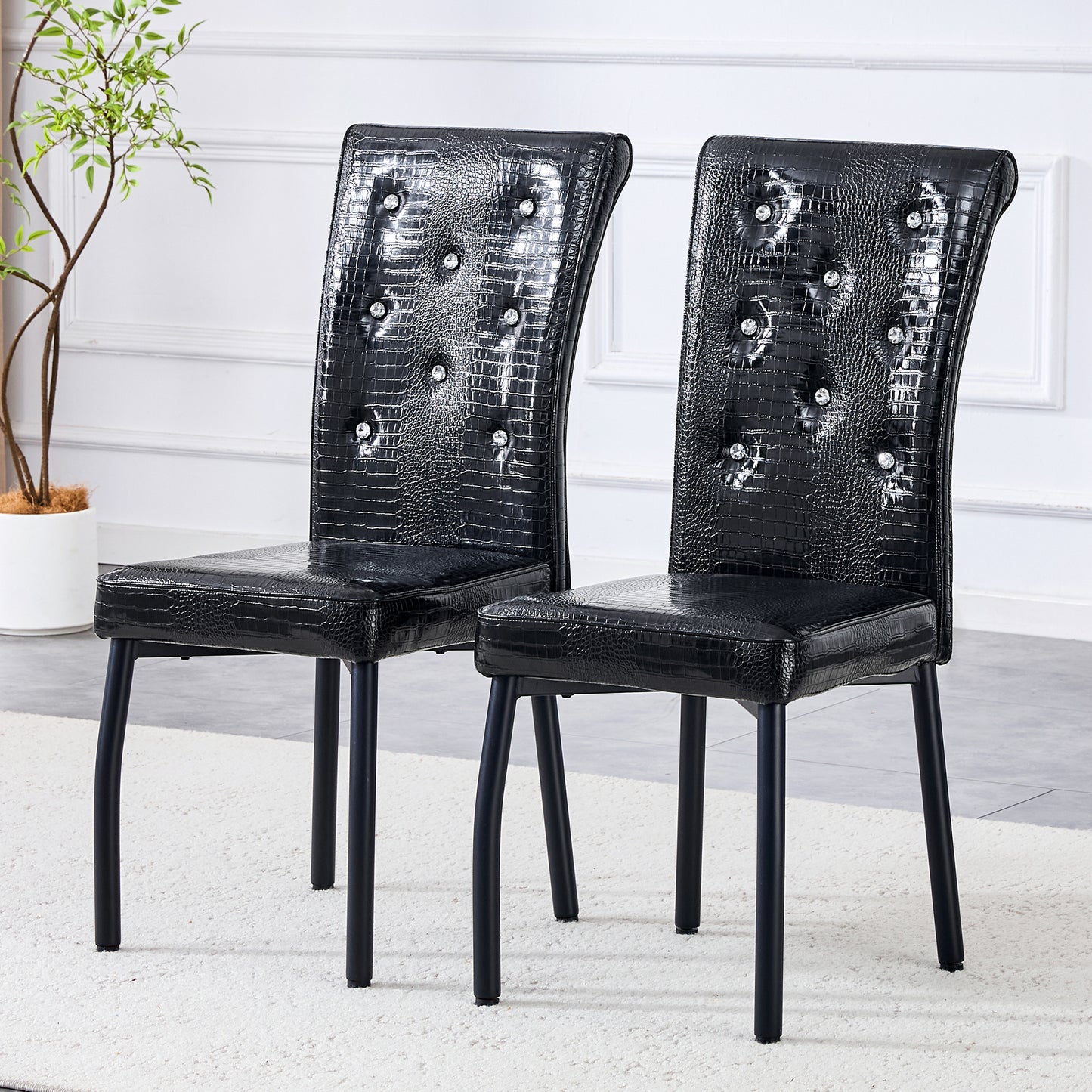 A Set Of 2 Black Vintage Crocodile Leather Cushioned Dining Chairs, Featuring Crystal Clasp Design And Artificial Leather Design, Adding A Touch Of Elegance And Mystery To The Dining Area