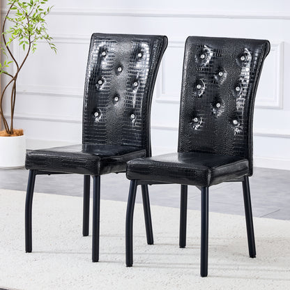 A Set Of 2 Black Vintage Crocodile Leather Cushioned Dining Chairs, Featuring Crystal Clasp Design And Artificial Leather Design, Adding A Touch Of Elegance And Mystery To The Dining Area