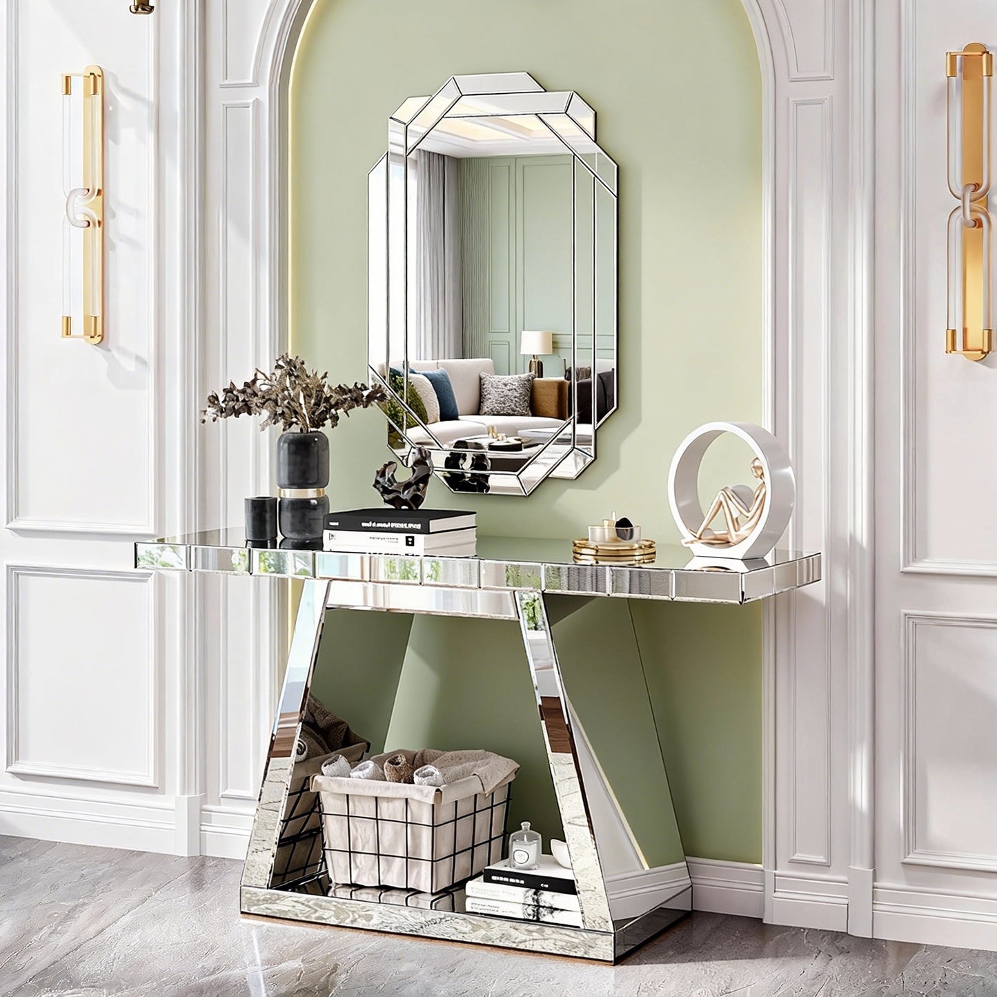 55.9 Modern Luxe Full-Body Mirror Entryway Table With Trapezoid Base -360 Reflective Console Table, Sturdy Wooden Frame, Scratch-Resistant Design & Open Storage For Hallway, Living Room, Staircase