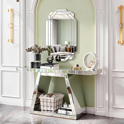 55.9 Modern Luxe Full-Body Mirror Entryway Table With Trapezoid Base -360 Reflective Console Table, Sturdy Wooden Frame, Scratch-Resistant Design & Open Storage For Hallway, Living Room, Staircase