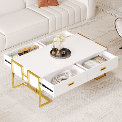 Modern White Rectangular Coffee Table With 4 Drawers And Gold Base In 47.3