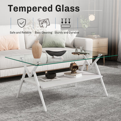 Rectangle Coffee Table With Tempered Glass Top And White Metal Legs, Modern Table For Living Room , Transparent Glass