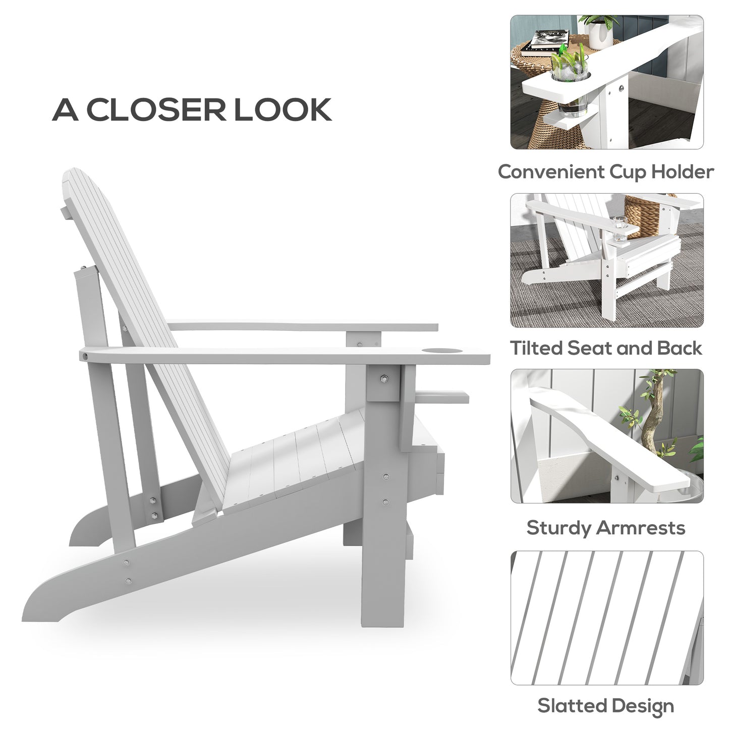 Oversized Adirondack Chair, Outdoor Fire Pit and Porch Seating, Classic Log Lounge w/ Built-in Cupholder, White
