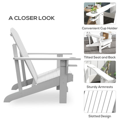 Oversized Adirondack Chair, Outdoor Fire Pit and Porch Seating, Classic Log Lounge w/ Built-in Cupholder, White