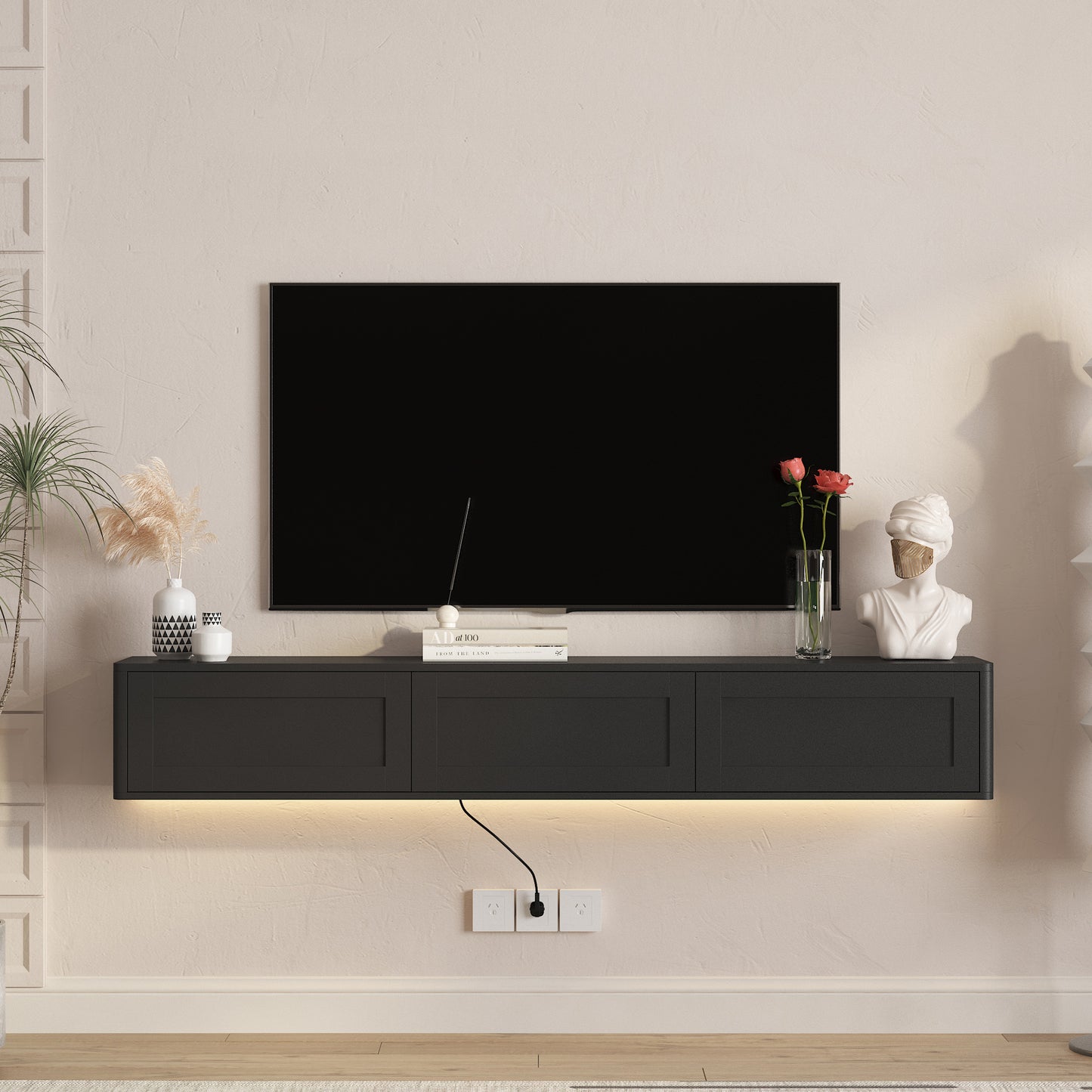 Floating TV Stand, Wall Mounted TV Shelf With Led Lights & Power Outlet,High Gloss TV Cabinet For Black Tv Stands For Living Room