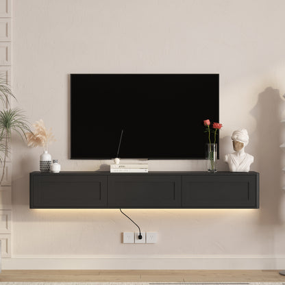Floating TV Stand, Wall Mounted TV Shelf With Led Lights & Power Outlet,High Gloss TV Cabinet For Black Tv Stands For Living Room