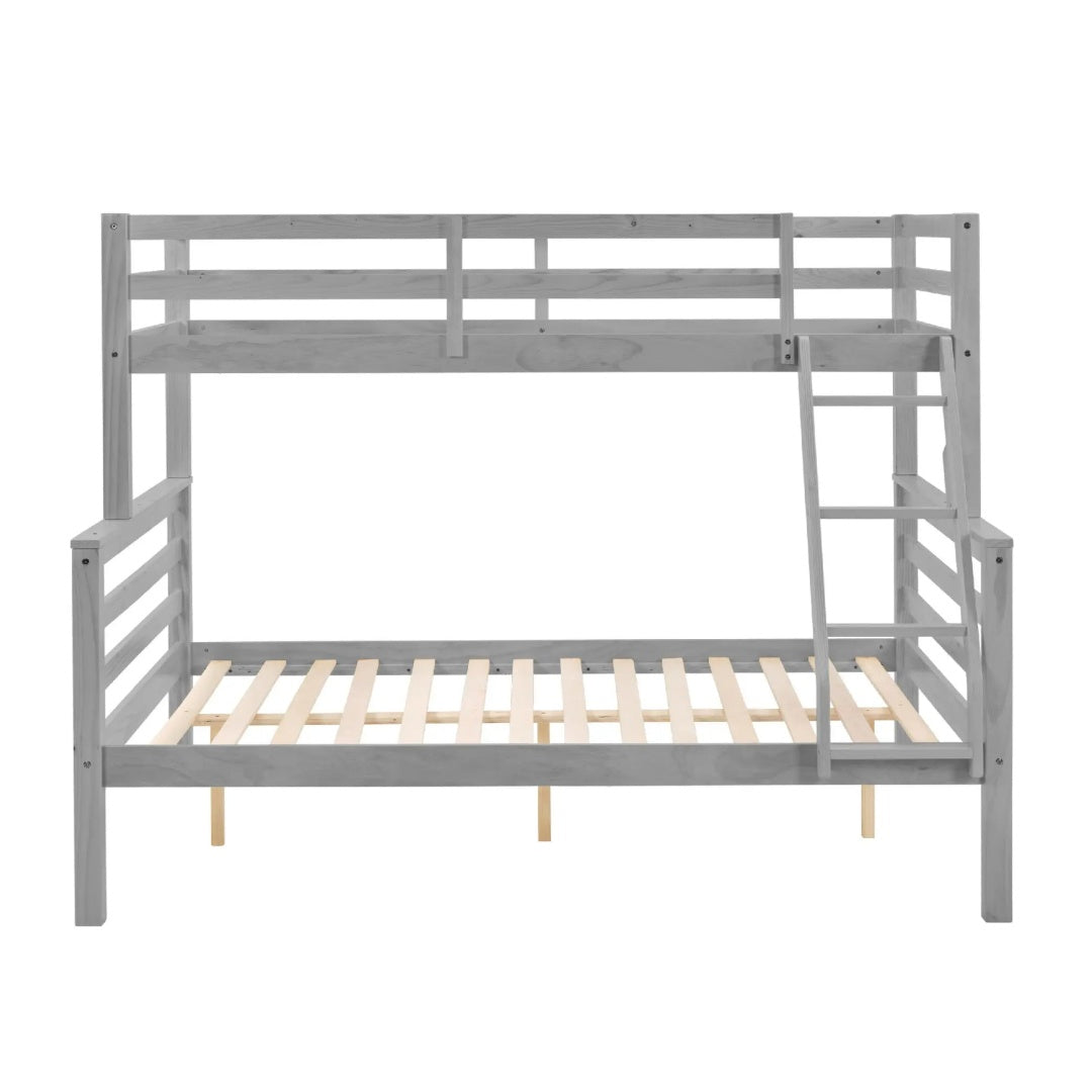 Twin Over Full Bunk Bed With Thick Posts,Wooden Bunk Bed With High Guardrail And Ladder For Kids, Teens, Dorm Rooms, And Guest Rooms,No Box Spring Needed,Grey