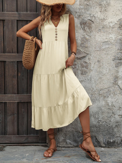 Ivy Lane Decorative Button Notched Sleeveless Dress