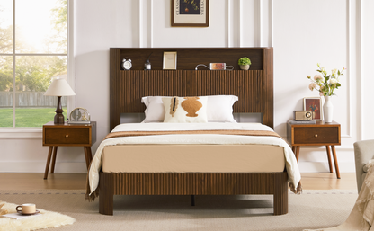 Full Extra Long Full XL  Size Bed Frame With Storage Headboard, Built-in Charging Station, Wavy Curved Lines Design, Silent Operation, Metal Support, Walnut