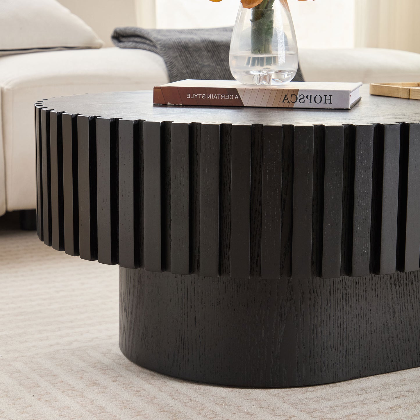 43.70 Inch Modern Handcraft Drum Coffee Table Oval Coffee Table For Living Room,Small Wooden Coffee Table With Sturdy Pedestal For Office,Black