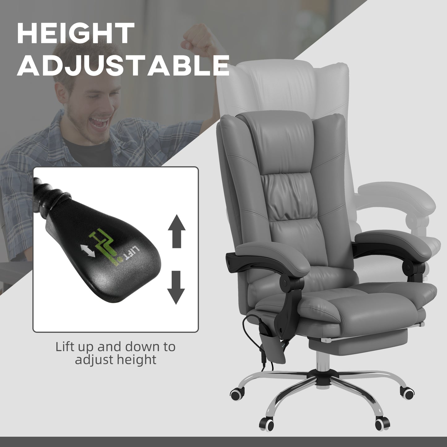 PU Leather Executive Massage Office Chair with 4 Vibration, Computer Desk Chair, Heated Reclining Chair with Adjustable Height, Swivel Wheels, Gray