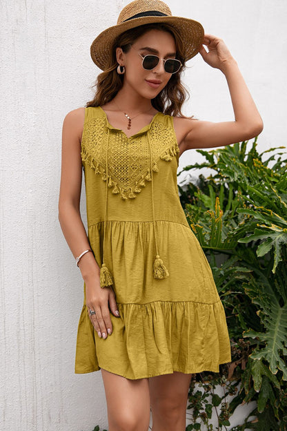 Ivy Lane Tassel Tie Lace Trim Sleeveless Dress