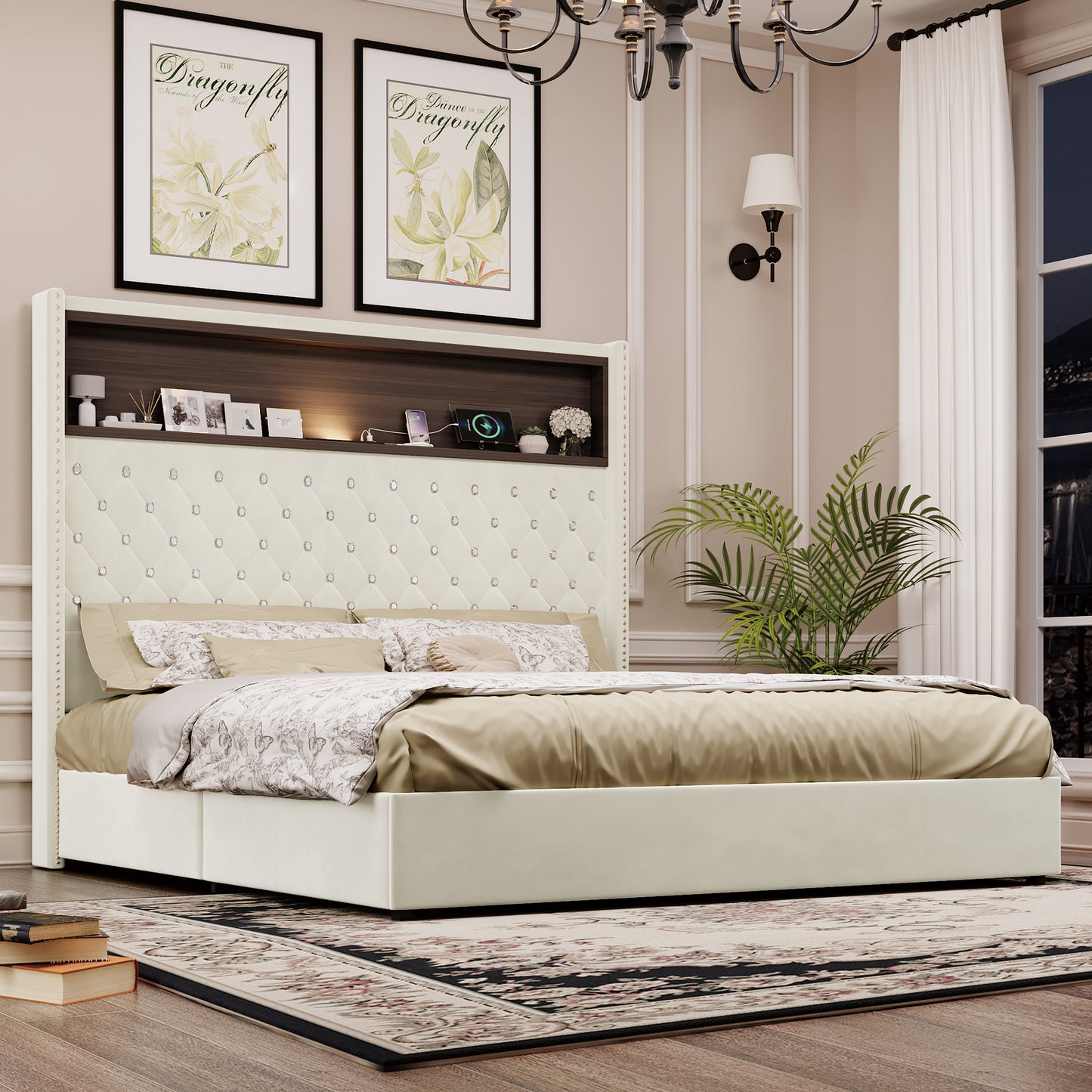 Queen Size Velvet Tufted Soft Bed Frame With USB Port And Night Light,52'' High Headboard With Rivet Decoration, Wing-back Platform Bed With Headboard Shelf, Beige