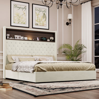 Queen Size Velvet Tufted Soft Bed Frame With USB Port And Night Light,52'' High Headboard With Rivet Decoration, Wing-back Platform Bed With Headboard Shelf, Beige