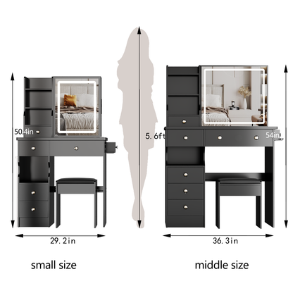29.2 Small Size Drawer Desktop Vanity Table  Cushioned Stool, 2 AC-2 USB Power Station, Hair Dryer Bracket, Extra Large Touch Control Sliding LED Mirror, 3-color Switching, EPA, GCC, UL Certificate