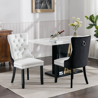A&A Furniture,Nikki Collection Modern,High-end Tufted Solid Wood Contemporary PU And Velvet Upholstered Dining Chair With Wood Legs Nailhead Trim  2 Pcs Set,White Black