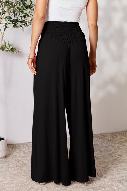 Smocked High-Waist Wide Leg Pants