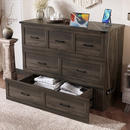 Murphy Bed Cabinet Full Size With Charging Station, Multi-Functional Foldable Platform Bed With 1 Large Storage Drawer For Guest Room, Small Bedroom, Rustic Gray