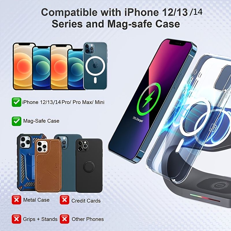 Wireless Charging Station; 3 In 1 Magnetic Fast Charging Wireless Charger Stand For Iphone 14/13/12/11/Pro/X/Max/XS/XR/8/Plus; IWatch7/6/5/4/3/2/SE Airpods 3/2/Pro