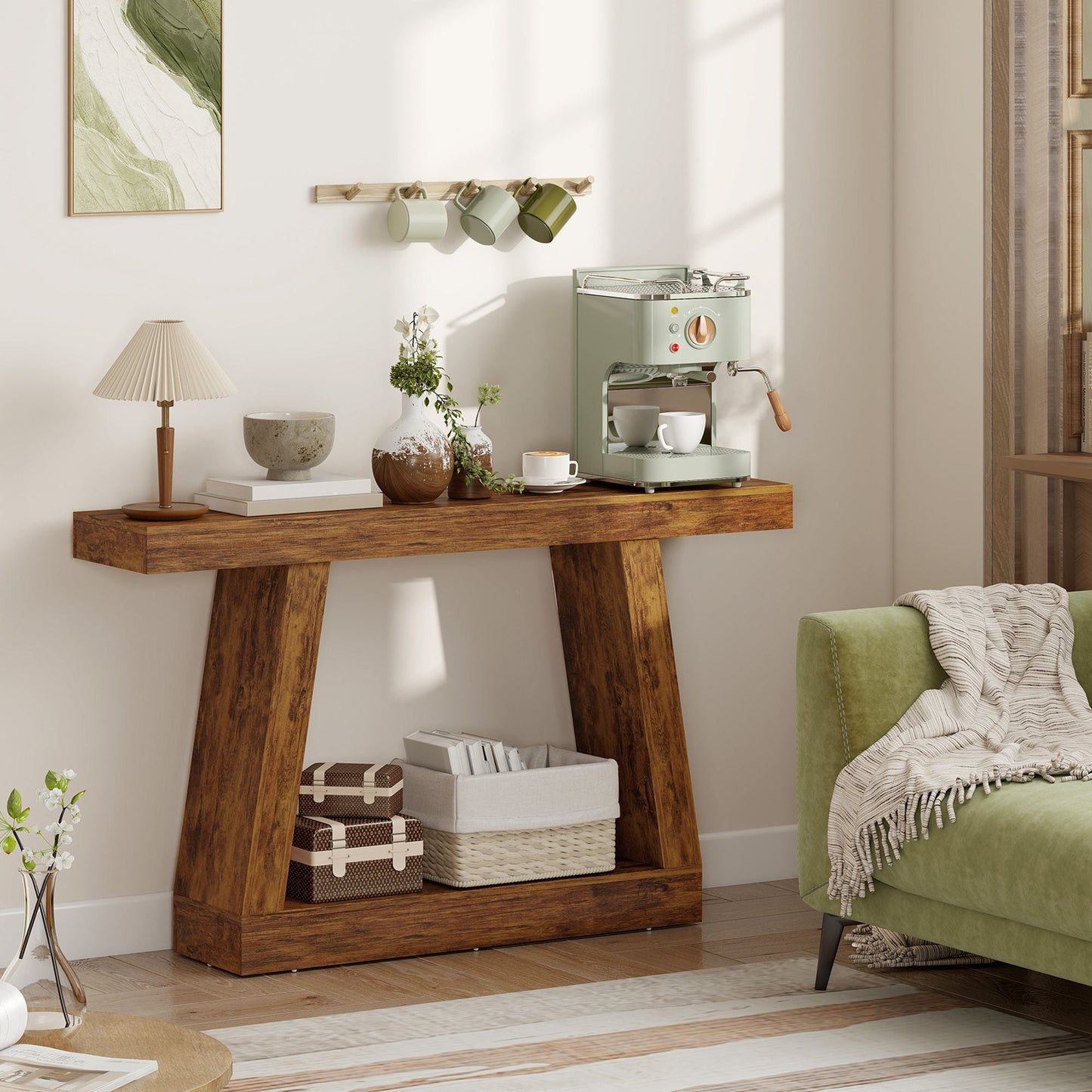 55" Farmhouse Console Table, 2-Tier Entryway Table with Storage for Hallway, Living Room, Behind Couch, Rustic Brown
