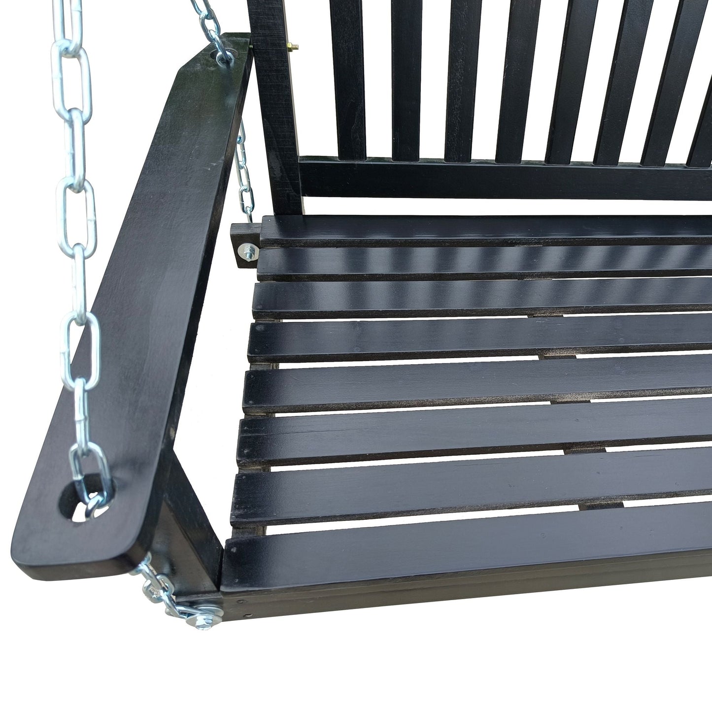 Front Porch Swing with Armrests;  Wood Bench Swing with Hanging Chains; for Outdoor Patio ; Garden Yard;  porch;  backyard;  or sunroom; Easy to Assemble; black