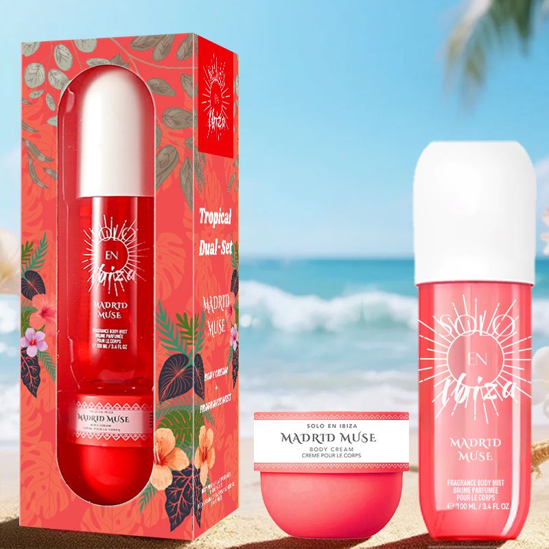 2-Piece Set, SOLO EN IBIZA Body & Hair Fragrance Mist And Body Cream Gift Box For Men And Women, Long Lasting Fragrance, 4 Different Scent, Perfect For Holiday Gifts, Dating, Daily Life, Parties
