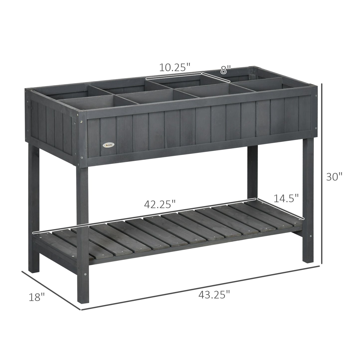 Elevated Planter Box Stand Wooden with 8 Slots and Shelf Dark Grey for Herbs Veggies Flowers