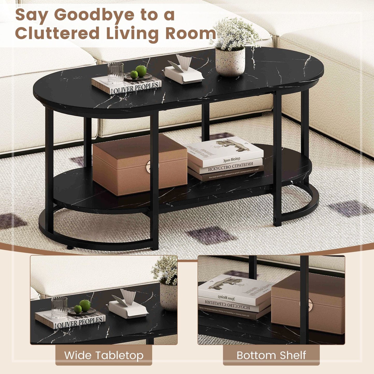 Marble Coffee Table with Open Storage Shelf