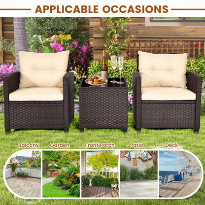 3 Pieces Patio Rattan Furniture Set with 4 Removable Cushions
