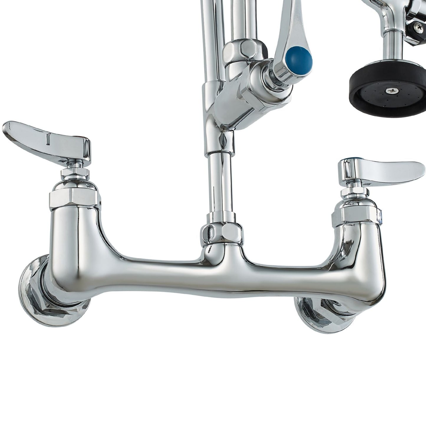 Wall-Mounted Kitchen Faucet, 47" Tall, 8" Apart, with 12" Rotating Spout and Pre-Rinse Spray, Brass Build, Pull-Down Feature for Multi-Compartment Sinks
