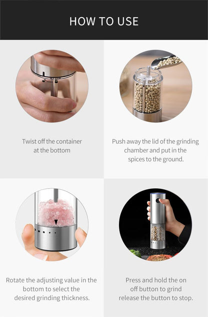 Electric Salt or Pepper Grinder , Stainless Steel with LED Light, Type-C Rechargeable, Ceramic Adjustable Coarseness, 95ml Large Capacity Visible Window, Patented Light Pipe Washable Design for Kitche