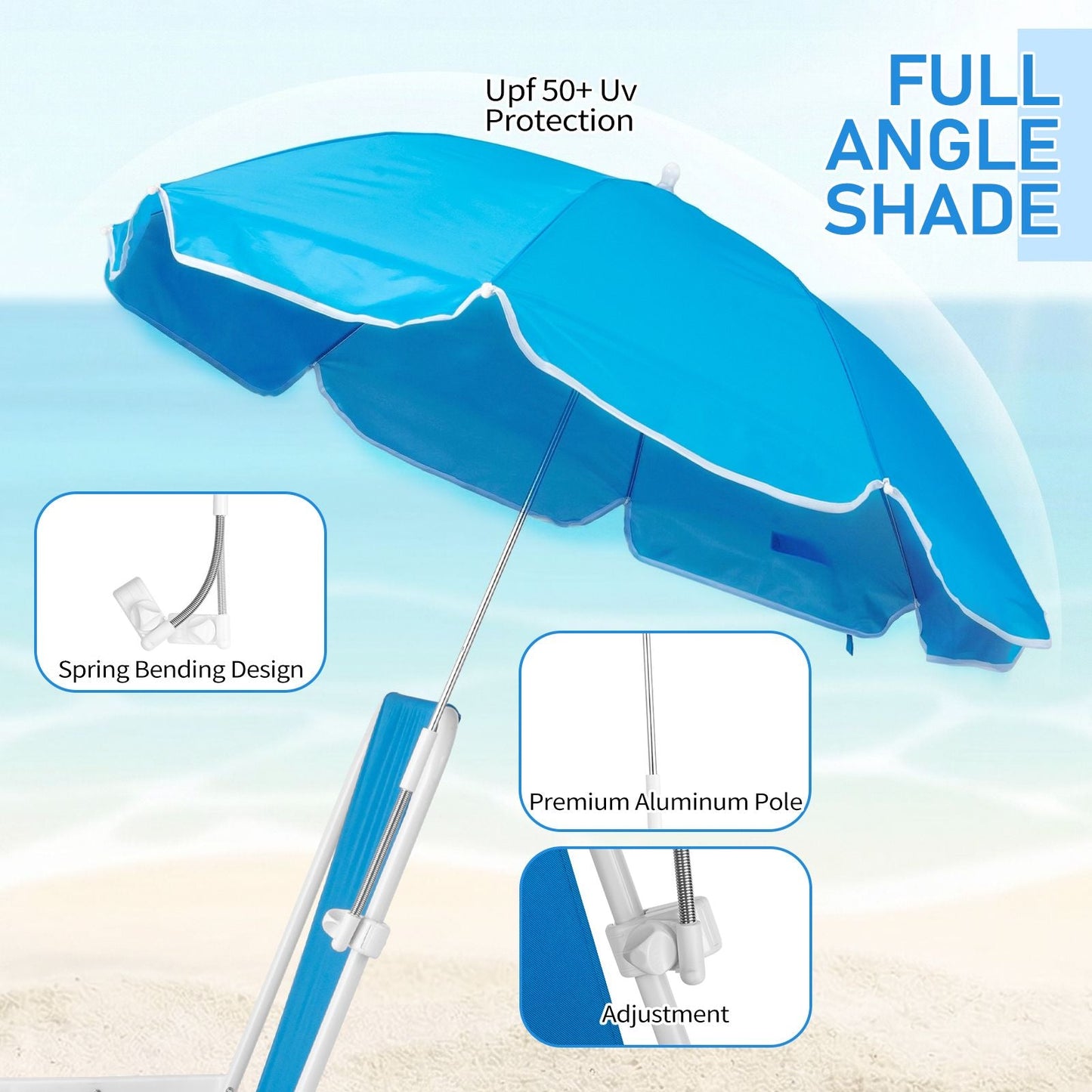 1 Pack Heavy Duty Steel Beach Chair with Umbrella, XL Size 15" Seat Height Royal Blue, Oxford Cloth with Support Bar, Single Position Adjustable, 120kg Load