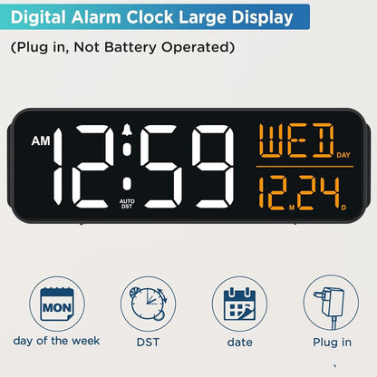 Large Display Digital Alarm Clock for Bedrooms, Date Day of Week Desk Table Clocks for Living Room Office, Dimmable 5 Dimmers Plug in Electric Clock, Auto DST