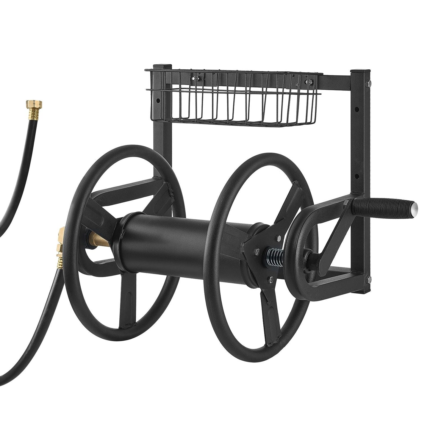 Wall Mounted Garden Hose Reel, Holds 125 ft 5/8-inch Hose, Heavy-Duty Water Hose Winder, Space-Saving Design, Outdoor Manual Reel with Brass Fitting and Storage Basket for Yard Lawn