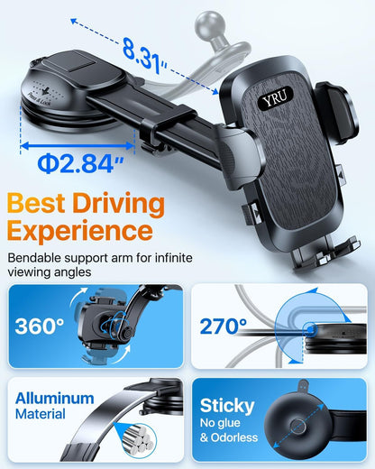 2026 Ultimate Car Phone Holder Mount Bendable & Adjustable Aluminum Arm Cell Phone Holder for Car Dashboard Windshield Phone Stand for iPhone 17 16 15 14 Pro Max Samsung Pickup Truck