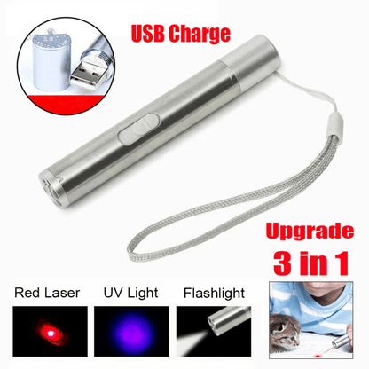 3 in1 1mw USB Rechargeable Pet Toy Pen Flashlight Red laser Beam UV Light 3-Modes Lamp