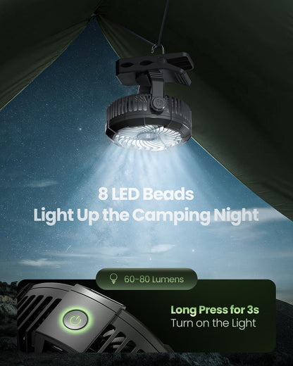 Portable Camping Fan with LED Lantern, 360°Rotation and Clip on for Desk, 4000mAh USB Rechargeable Battery Powered, Digital Display and Hanging Hook for Tent Outdoor Travel Bedroom Black