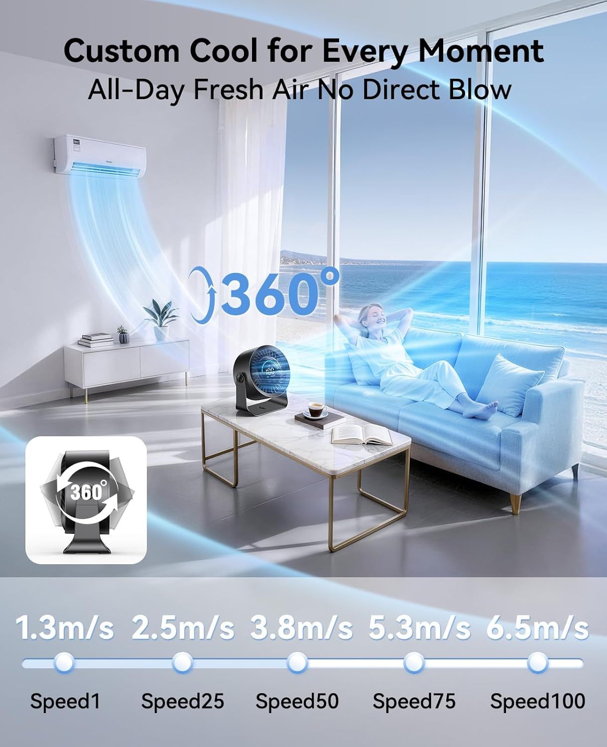 Rechargeable USB Desk Fan for Bedroom, 100 Speeds, 360° Rotation, Wall Mounted Design Small Portable Table Fan with LED Display, Quiet Personal Desktop Cooling Fans for Home Office